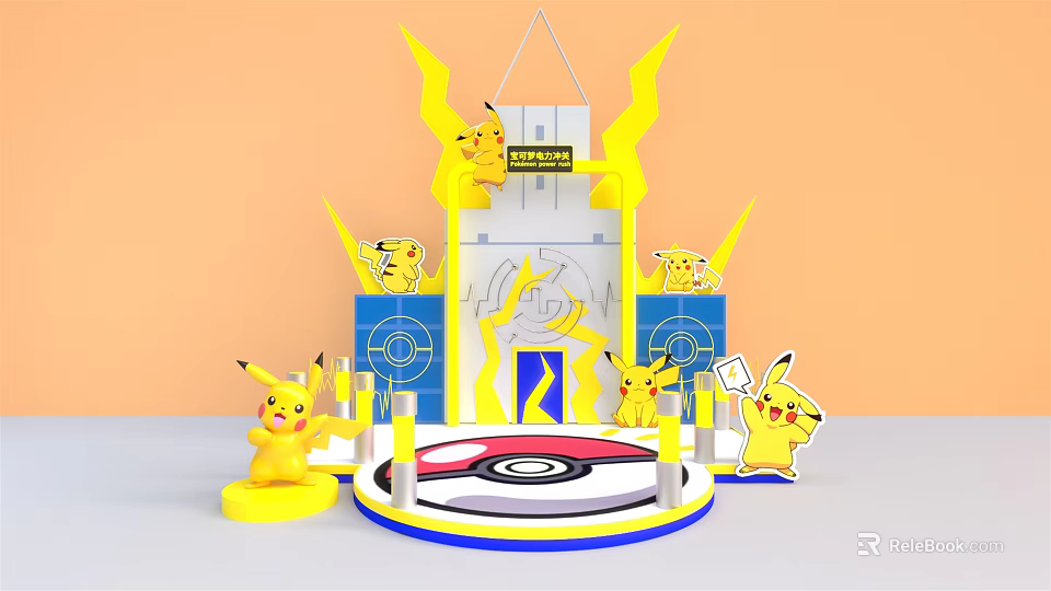 Colorful Pokémon Display Stand With Multiple Pikachu Figurines And Logo 3d model 