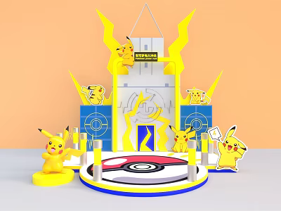 Colorful Pokémon Display Stand With Multiple Pikachu Figurines And Logo 3d model