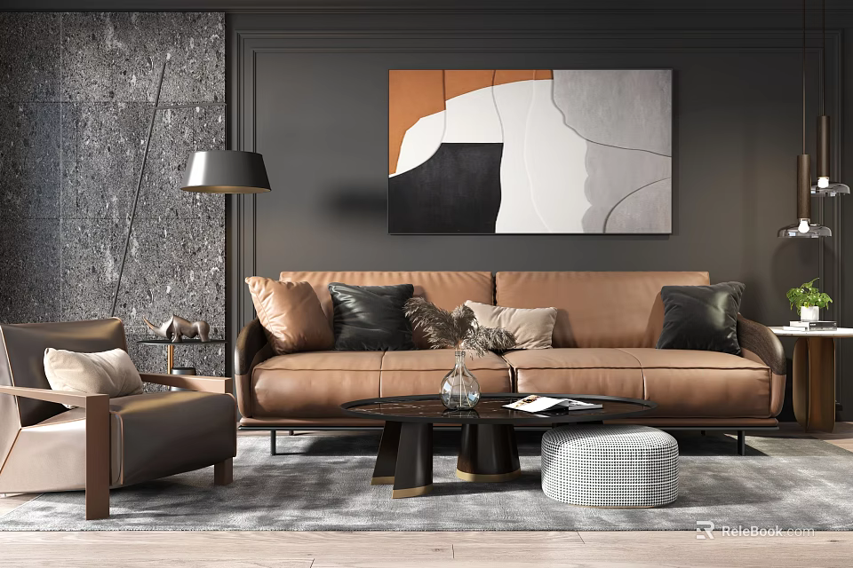 Elegant Modern Leather Sofa Coffee Table Set With Throw Pillows Accent Chair And Abstract Wall Art 3d model 