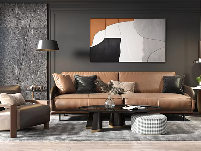 Elegant Modern Leather Sofa Coffee Table Set With Throw Pillows Accent Chair And Abstract Wall Art 3d model