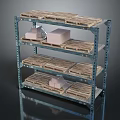 Industrial Metal Storage Rack With Multiple Shelves Wooden Pallets Holding White Boxes