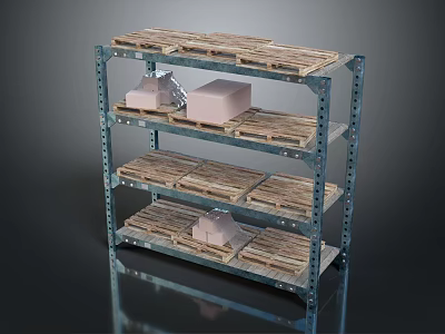 Industrial Metal Storage Rack With Multiple Shelves Wooden Pallets Holding White Boxes 3d model