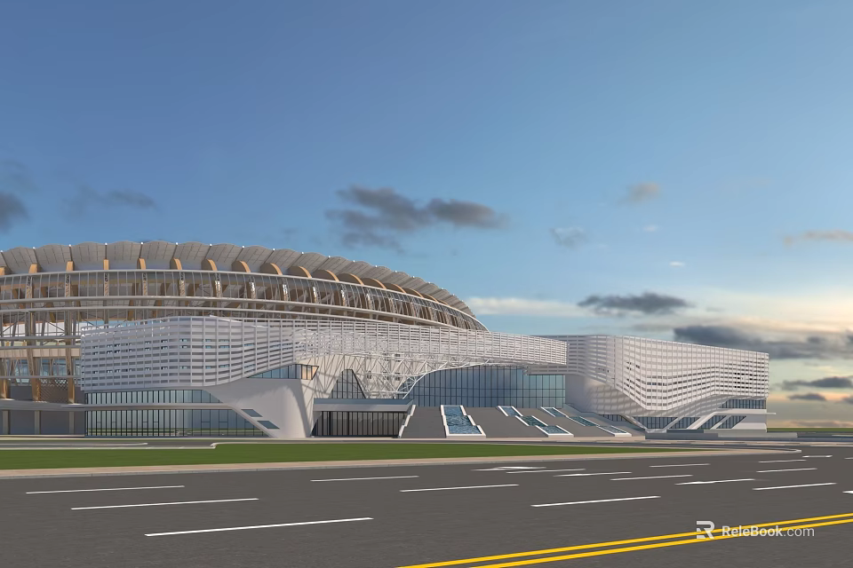 Modern Library Building With Curved Glass Facade And Open Architectural Design 3d model