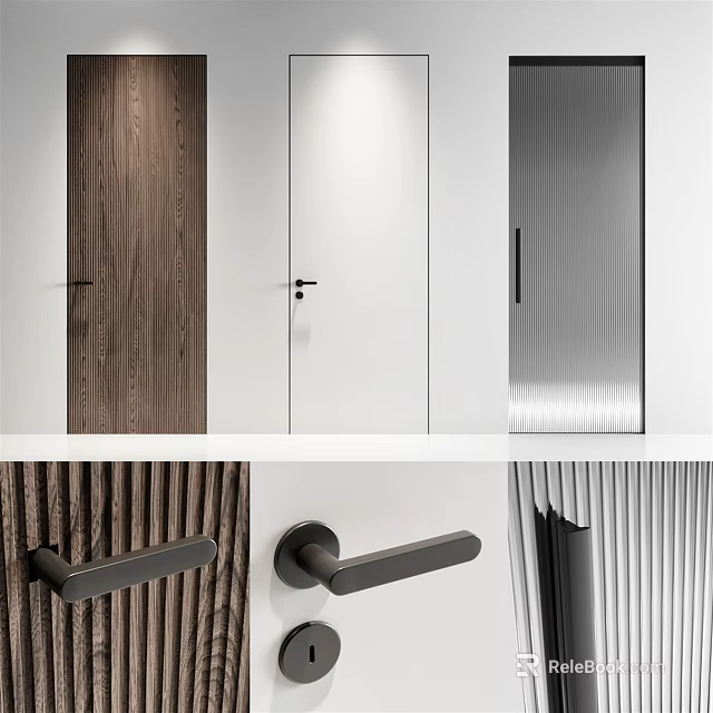 Modern Minimalist Swing Door With Wooden White Silver Designs And Black Handles 3d model 
