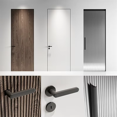 Modern Minimalist Swing Door With Wooden White Silver Designs And Black Handles 3d model