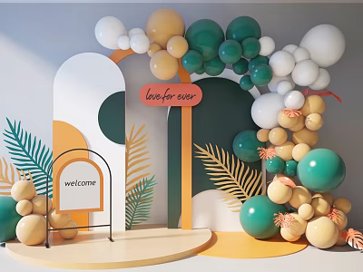 Colorful Balloons Arch Decoration With Welcome Sign And Tropical Leaves For Birthday Party Setup 3d model