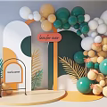Colorful Balloons Arch Decoration With Welcome Sign And Tropical Leaves For Birthday Party Setup