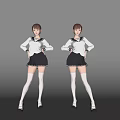 Woman in White Top and Black Pleated Skirt with White Stockings Hands on Hips