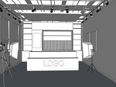 Open Public Office Space Interior With Ceiling Lighting Logo Display Stand And Equipment Stands 3d model