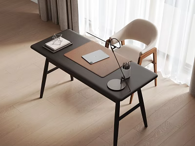 Modern Home Office Desk With Laptop Desk Lamp Mat And Wooden Chair 3d model