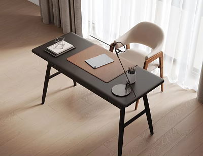 Modern Home Office Desk With Laptop Desk Lamp Mat And Wooden Chair 3d model