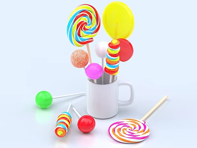 Assorted Colorful Lollipops In White Mug Scattered With Swirl Round Shapes 3d model