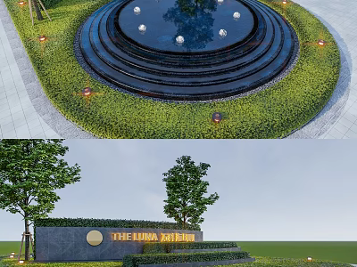 Modern Landscape Wall Design For THE LUNA GARDEN With Green Lawn And Water Fountain 3d model