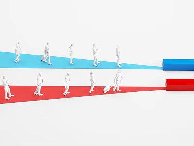White Silhouette People Walking Along Red Blue Paths Converging To Exit 3d model