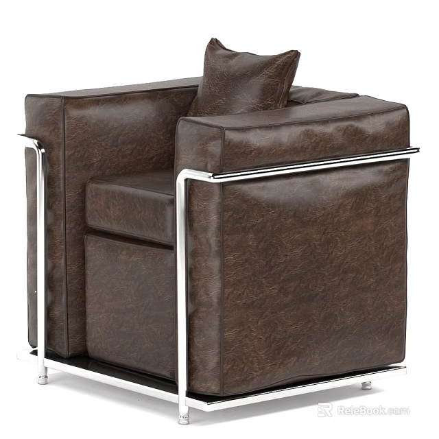 Brown Leather Single Sofa With Metal Frame And Square Cushion Modern Design 3d model
