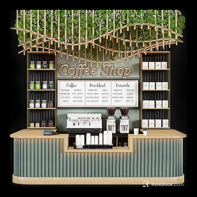 Stylish Coffee Shop Bar Counter With Greenery Decoration Coffee Machine Shelves And Menu Board 3d model 
