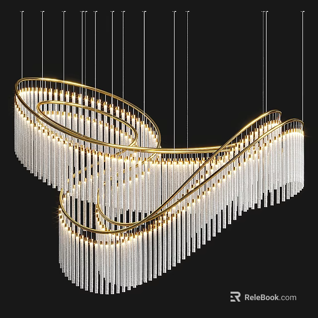 Luxurious Modern Spiral Chandelier With Gold Frame And Illuminated Crystal Pendants 3d model 