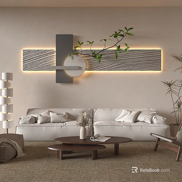 Modern Sofa and Coffee Table Set With Wall Art Green Plant and Floor Lamp 3d model 