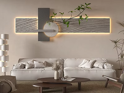 Modern Sofa and Coffee Table Set With Wall Art Green Plant and Floor Lamp 3d model