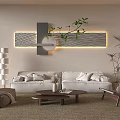Modern Sofa and Coffee Table Set With Wall Art Green Plant and Floor Lamp