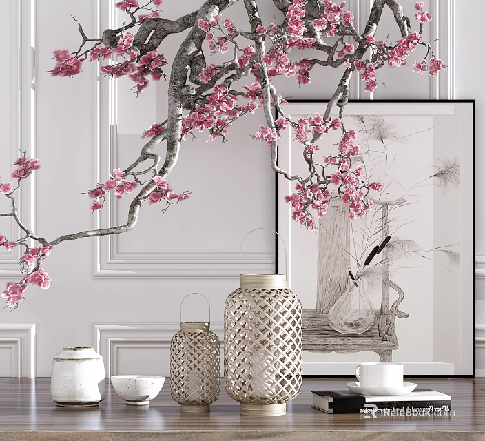 Elegant Tabletop Decorative Ornament Set With Cherry Blossom Branch Woven Lanterns And Teacups 3d model 