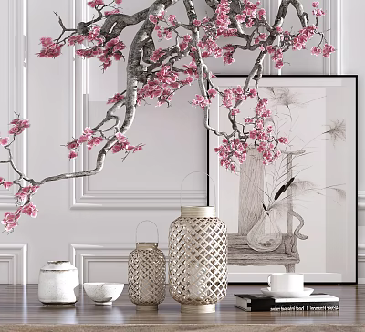 Elegant Tabletop Decorative Ornament Set With Cherry Blossom Branch Woven Lanterns And Teacups 3d model