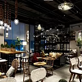 Modern Stylish Restaurant Interior With Wooden Dining Chairs Tables Hanging Lights And Wall Posters