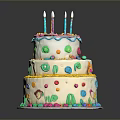 Colorful Three Tier Birthday Cake with Candles and Cactus Decorations on Black Background