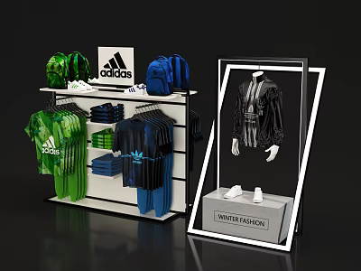 Adidas Sports Fashion Clothes Display Featuring Green Blue Apparel And Black Jacket 3d model