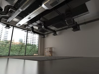 Manufacturing Workshop Interior With Industrial Style Large Windows Black Pipes And Wooden Shelf 3d model