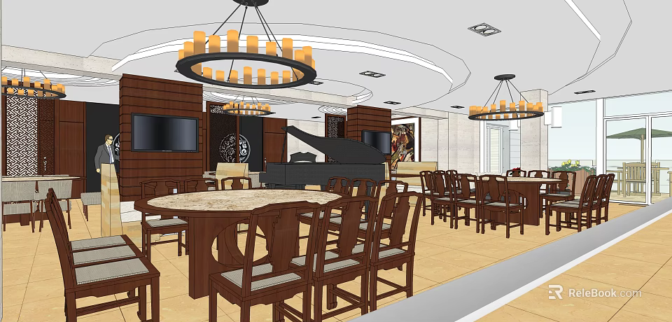 Elegant Restaurant Interior With Round Tables Wooden Chairs Chandeliers Piano TV and Decorative Painting 3d model 