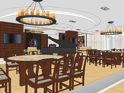 Elegant Restaurant Interior With Round Tables Wooden Chairs Chandeliers Piano TV and Decorative Painting 3d model
