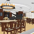 Elegant Restaurant Interior With Round Tables Wooden Chairs Chandeliers Piano TV and Decorative Painting