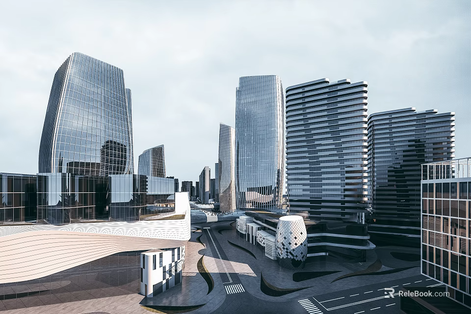 Modern High Rise Office Buildings In City With Glass Curtain Wall Design 3d model 