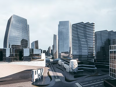 Modern High Rise Office Buildings In City With Glass Curtain Wall Design 3d model
