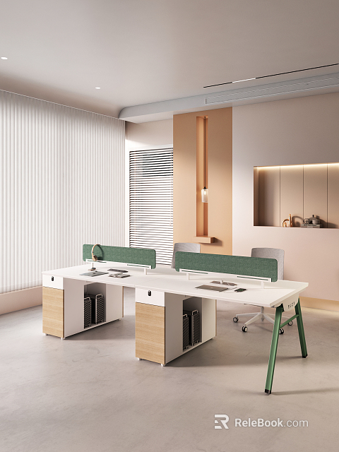 Modern Public Office Area With White Desks Green Partitions Office Chairs And Storage Cabinets 3d model 