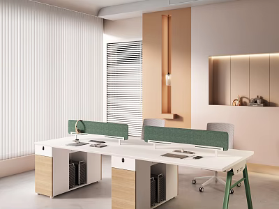 Modern Public Office Area With White Desks Green Partitions Office Chairs And Storage Cabinets 3d model