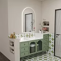 Green Modern Bathroom Cabinet With Gold Handles LED Mirror And Geometric Tile Backsplash