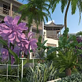 Traditional Ancient Building Surrounded by Purple Flowers and Palm Trees in Tropical Garden