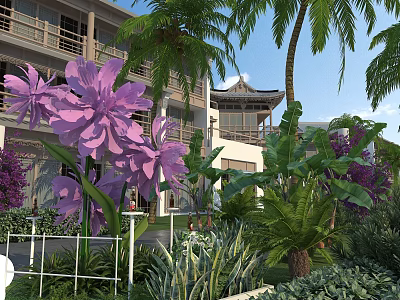 Traditional Ancient Building Surrounded by Purple Flowers and Palm Trees in Tropical Garden 3d model