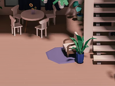 Cartoon Room Scene With Round Wooden Table White Chairs Sunflower Vase Hanging Plants Purple Rug 3d model