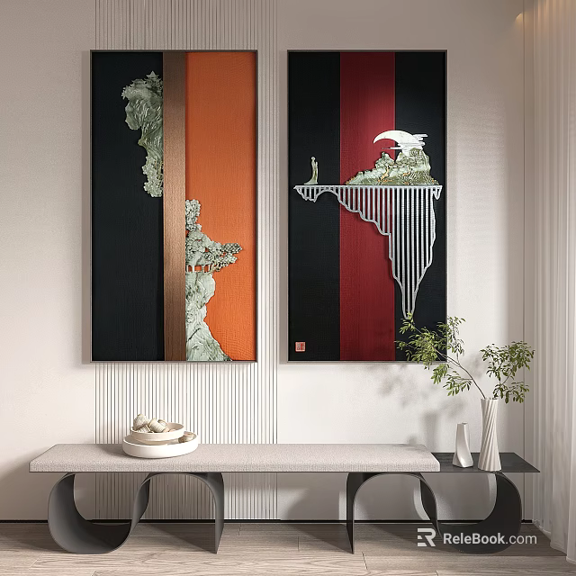 Modern Wall Art With Crane Design And Decorative Tabletop Ornaments 3d model