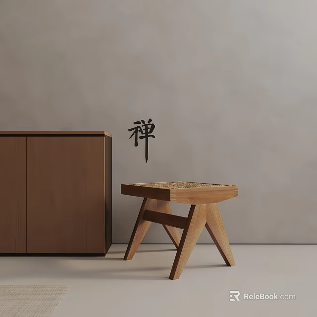 Zen Inspired Wooden Side Table With Woven Top And Wooden Cabinet In Minimalist Interior 3d model 