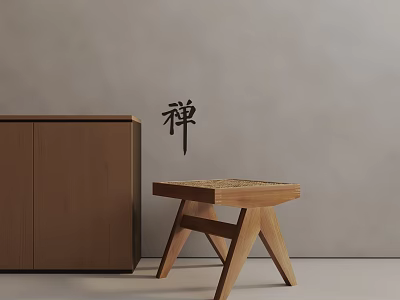 Zen Inspired Wooden Side Table With Woven Top And Wooden Cabinet In Minimalist Interior 3d model