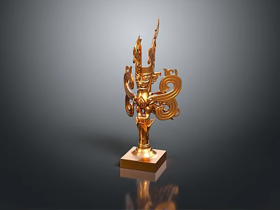 Artistic Golden Sculpture Carving With Intricate Decorative Design And Square Base 3d model