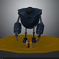 Blue Armored Robot Character With Black Head Standing on Yellow Platform Near Gift Box