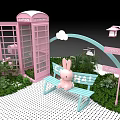 Cute Check-in Photo Spot With Pink Phone Booth Cloud Arch Rabbit Bench And Greenery 3d model