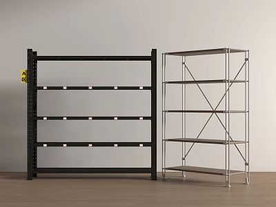 Black and Silver Metal Storage Shelves with Multi-Tier Design on Wooden Floor 3d model