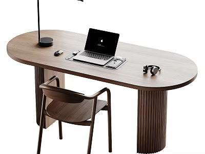 Wooden Oval Desk with Laptop Mouse Table Lamp Headphones and Matching Chair Featuring Fluted Legs 3d model