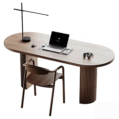 Wooden Oval Desk with Laptop Mouse Table Lamp Headphones and Matching Chair Featuring Fluted Legs 3d model